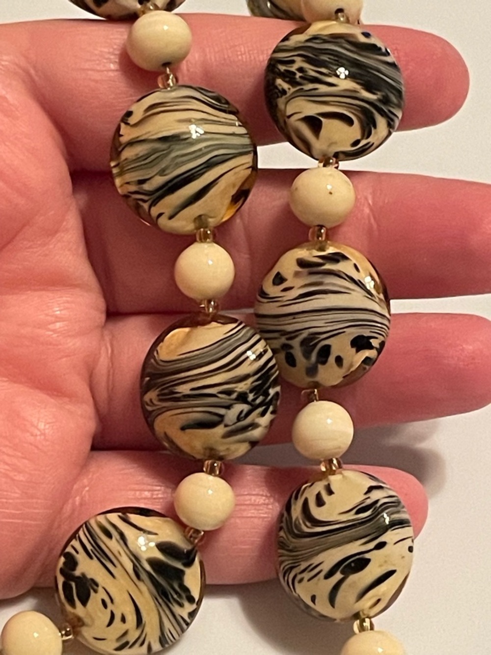 Handmade Beige and Black Swirl Glass Beaded Necklace - Picture 2 of 4